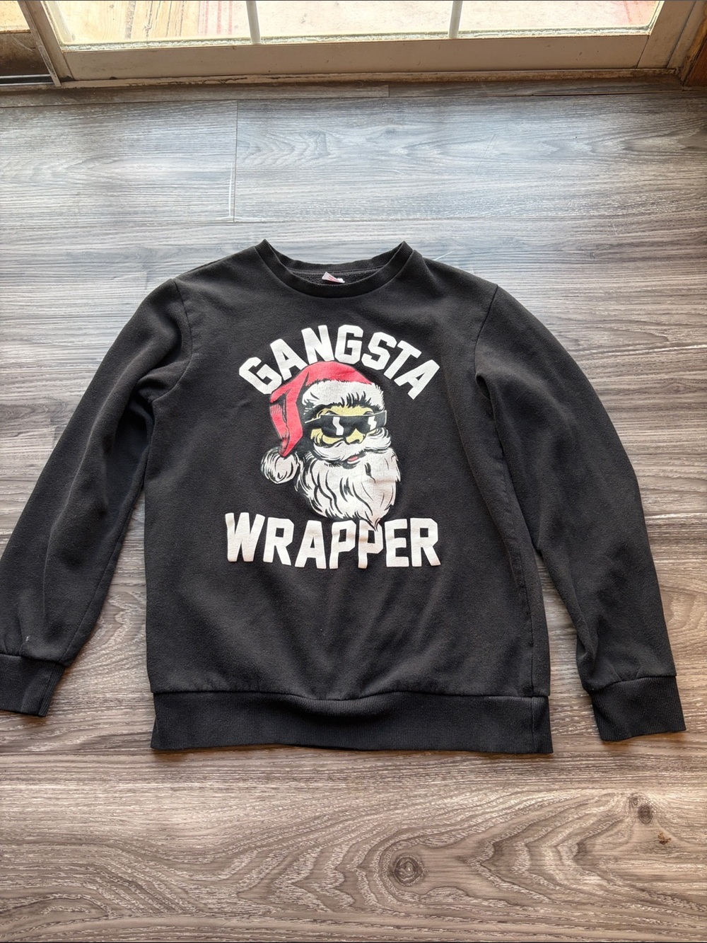 Holiday Time Black Crewneck 'Gangsta Wrapper' Santa Pullover